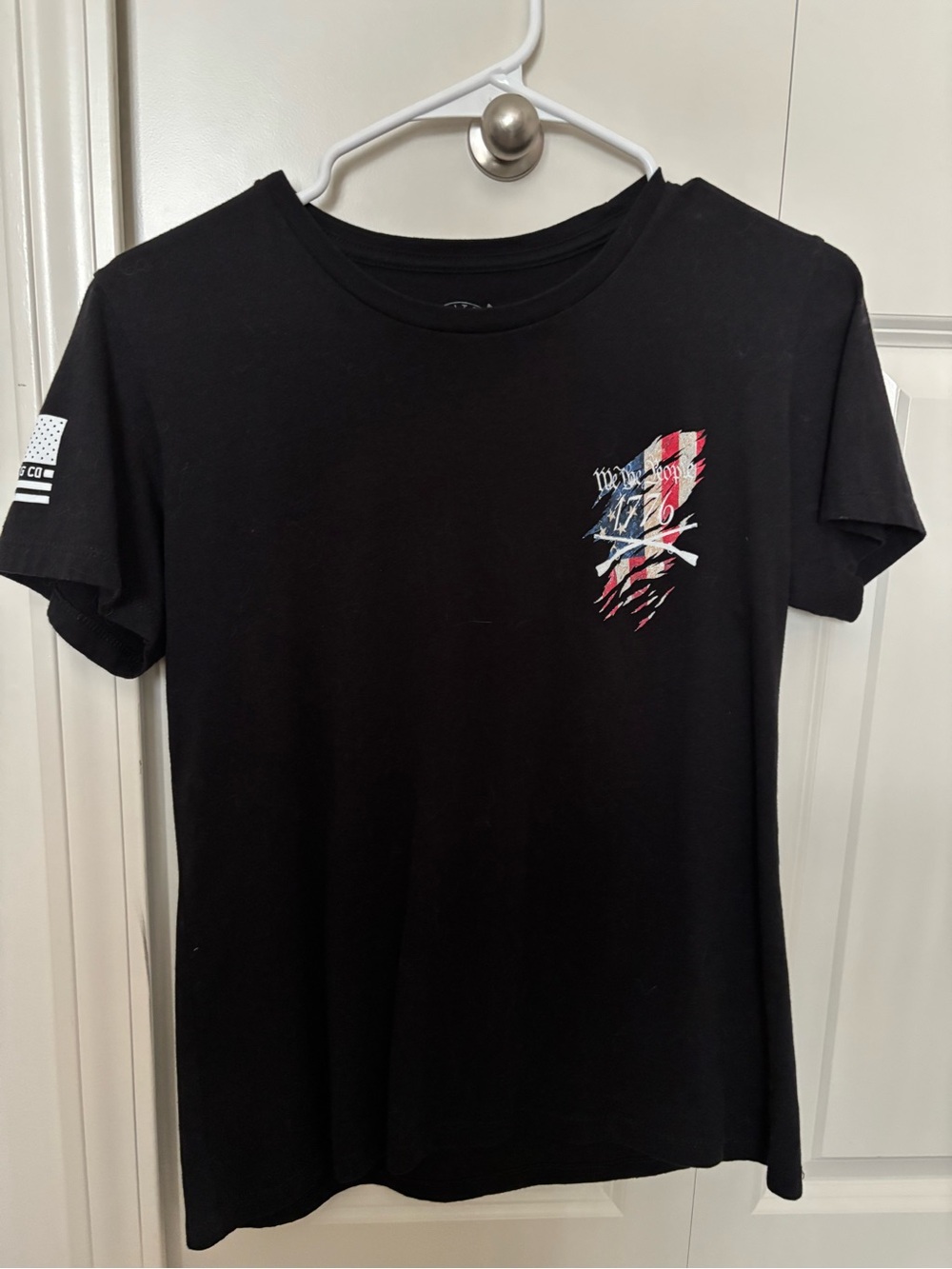 Black Graphic Tee with Distressed American Flag Chest Print NWOT